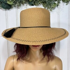 Wide Brim Straw‎ Hat Tan Boho Beach Sun Hat Black Trim Summer Travel Vacation